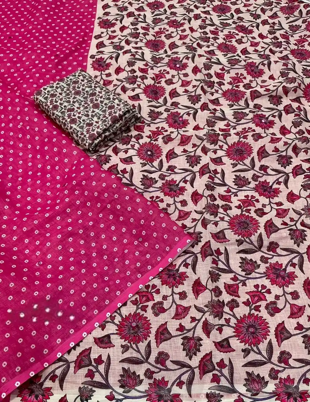 Floral Linen Printed Saree - Rani Pink